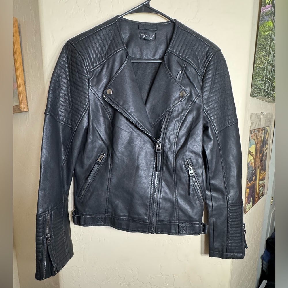 Topshop Black Faux Leather Moto Jacket Biker Zip Womens US 8 EU 40